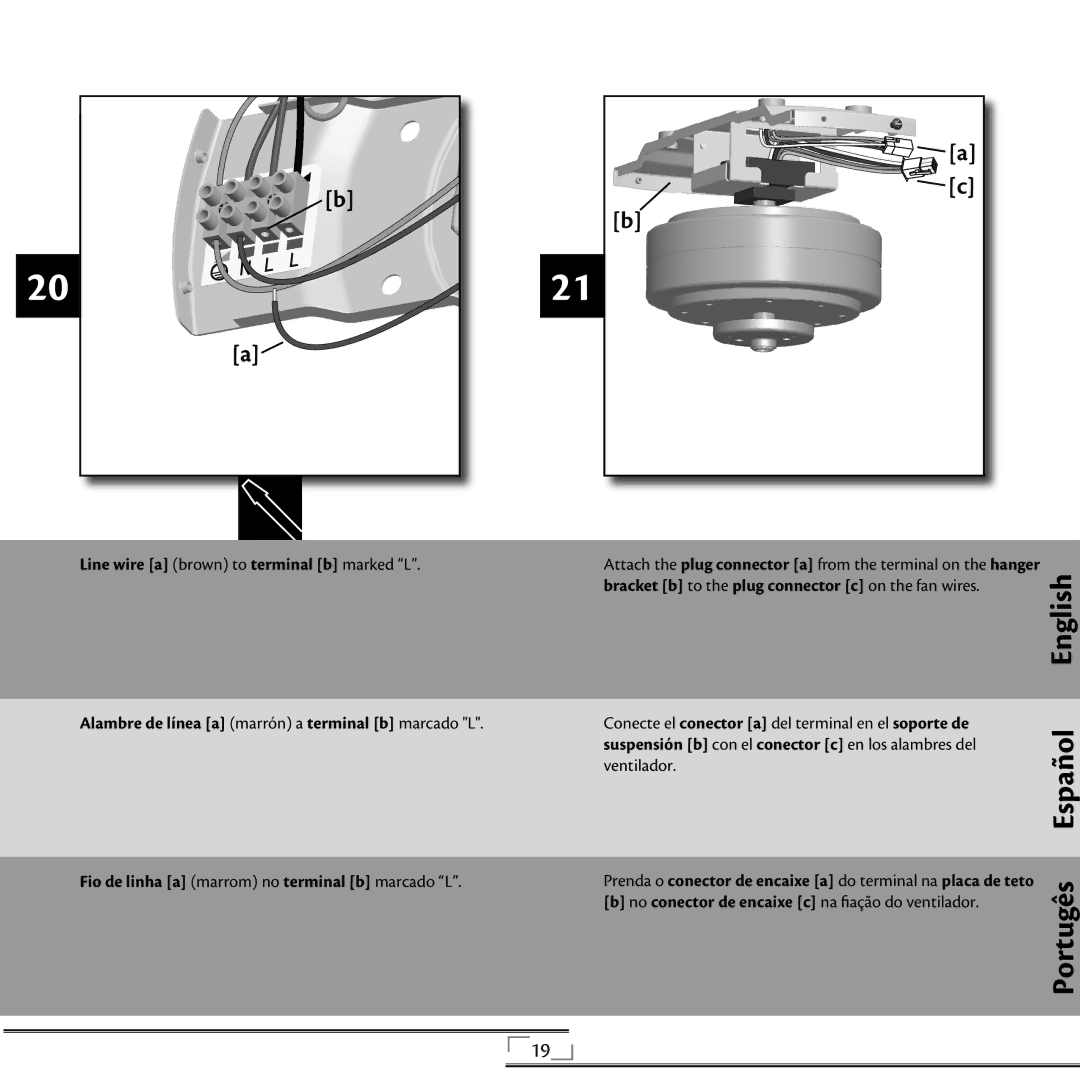 Hunter Fan 42805 Line wire a brown to terminal b marked L, Bracket b to the plug connector c on the fan wires 