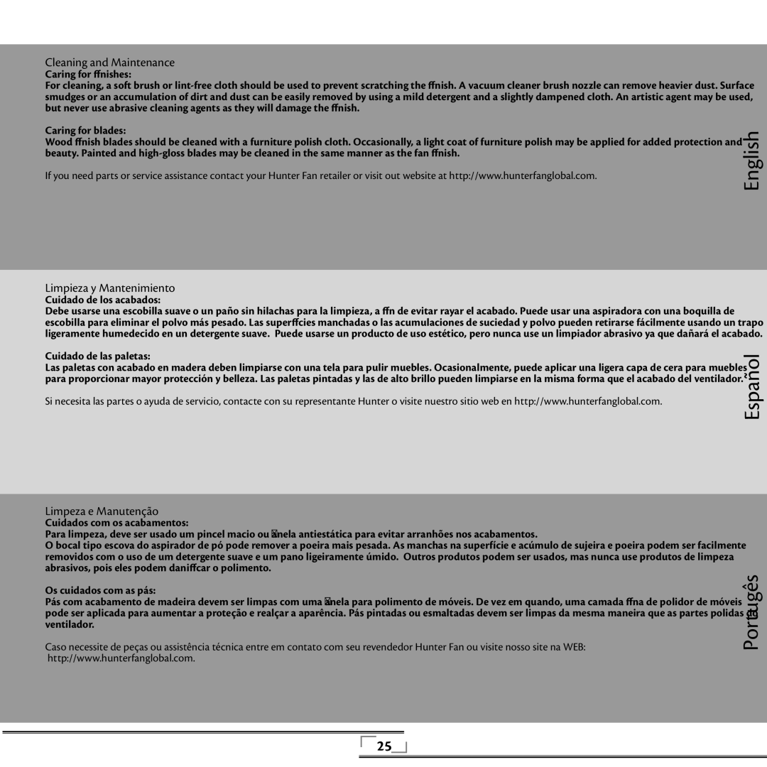 Hunter Fan 42805 installation manual Cleaning and Maintenance, Limpieza y Mantenimiento, Limpeza e Manutenção 