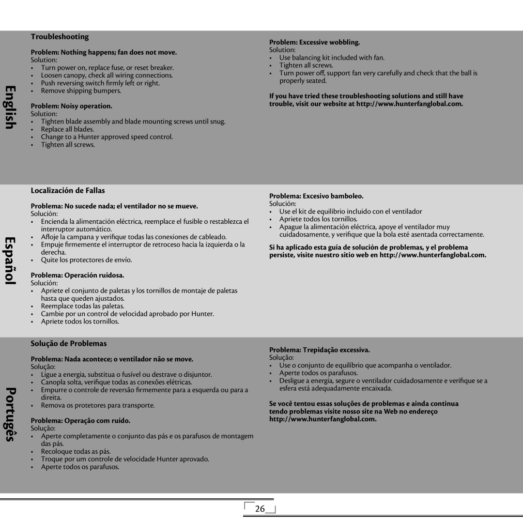 Hunter Fan 42805 installation manual Troubleshooting, Localización de Fallas, Solução de Problemas 