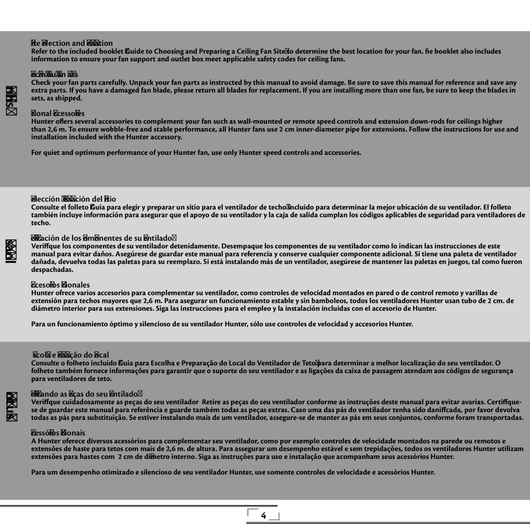 Hunter Fan 42805 Site Selection and Preparation, Checking Your Fan Parts, Optional Accessories, Accesorios Opcionales 