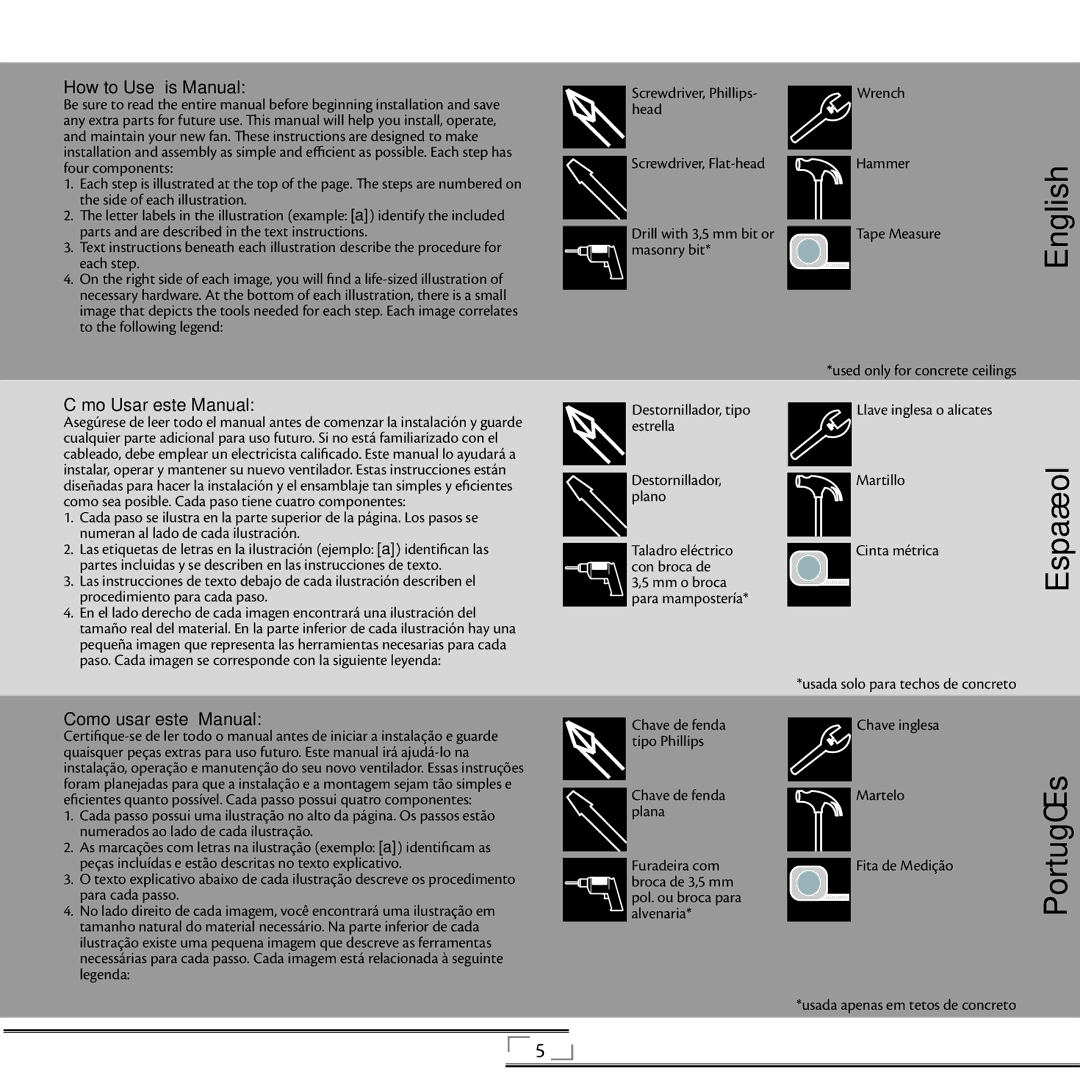 Hunter Fan 42805 installation manual How to Use This Manual, Cómo Usar este Manual, Como usar este Manual 