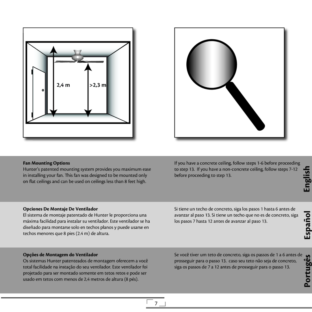 Hunter Fan 42805 Fan Mounting Options, Opciones De Montaje De Ventilador, Opções de Montagem do Ventilador 