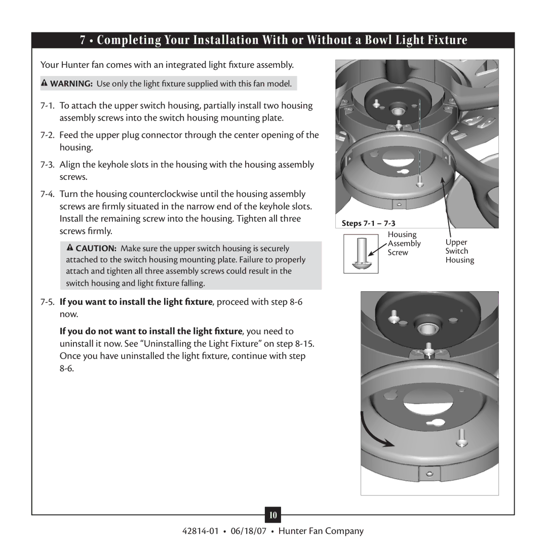 Hunter Fan 42814-01 warranty Steps 7-1 