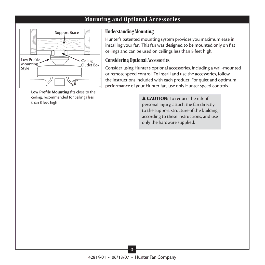 Hunter Fan 42814-01 warranty Mounting and Optional Accessories, Understanding Mounting 