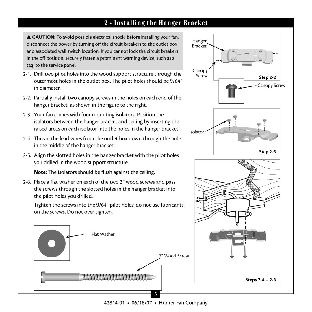 Hunter Fan 42814-01 warranty Installing the Hanger Bracket, Your fan comes with four mounting isolators. Position 