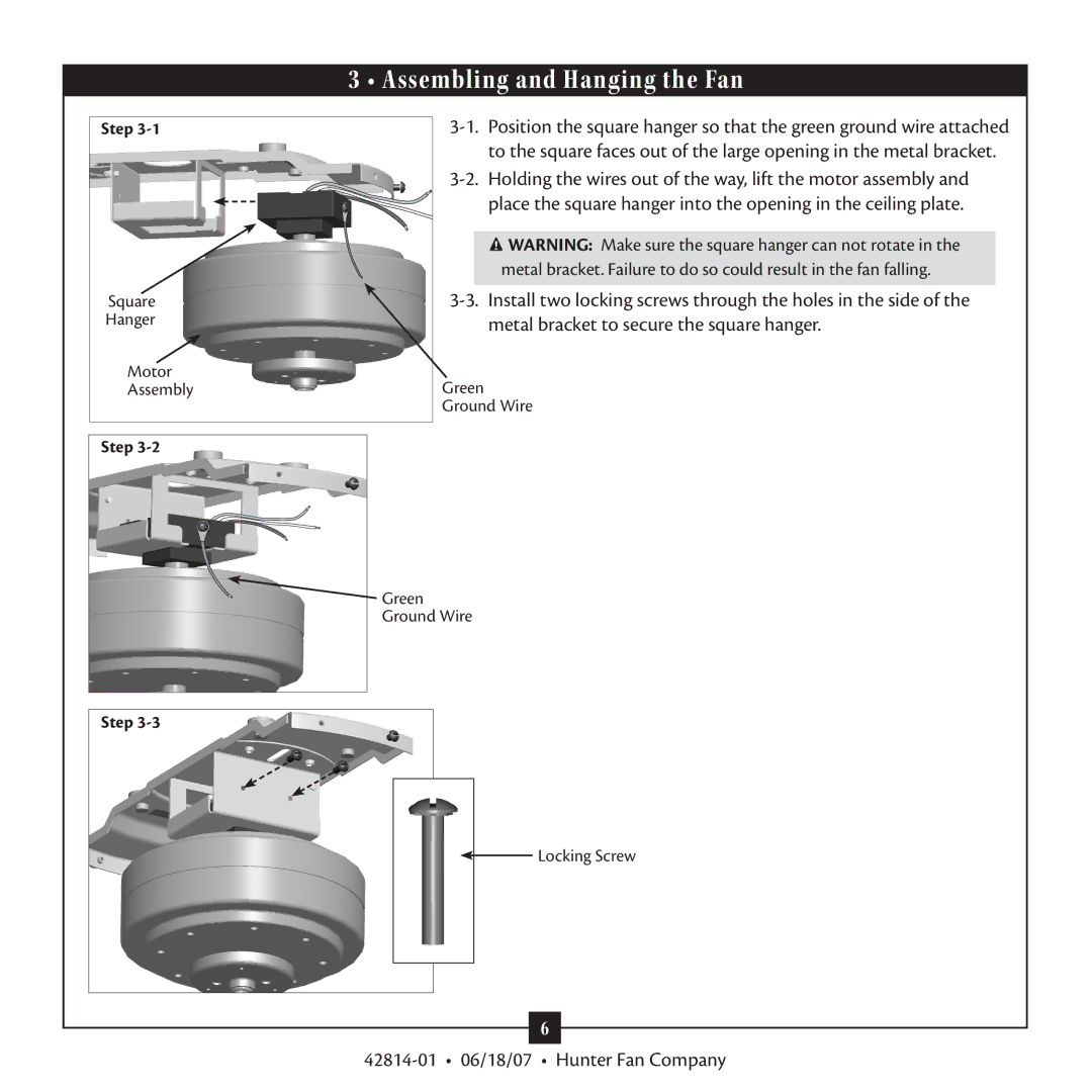 Hunter Fan 42814-01 warranty Assembling and Hanging the Fan 