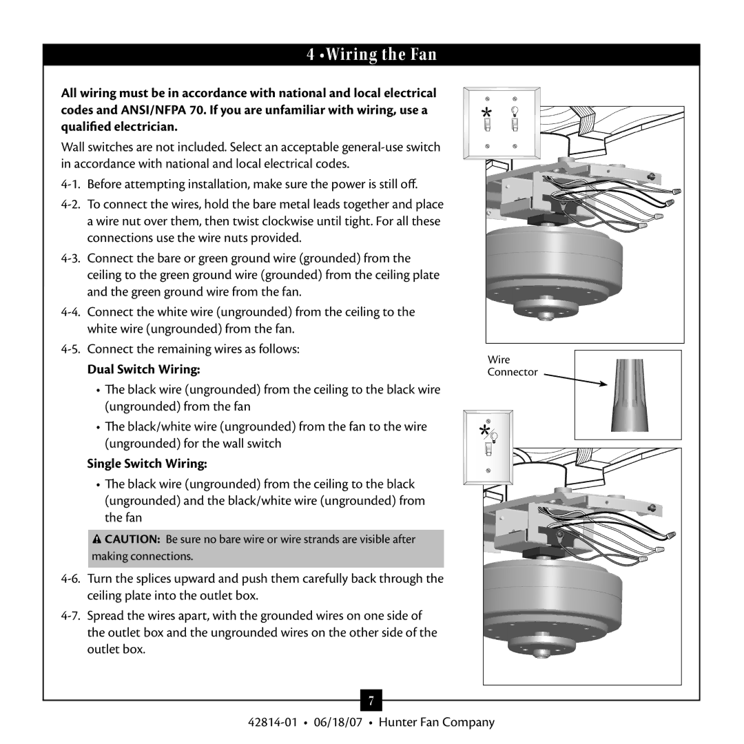 Hunter Fan 42814-01 warranty Wiring the Fan, Dual Switch Wiring, Single Switch Wiring 