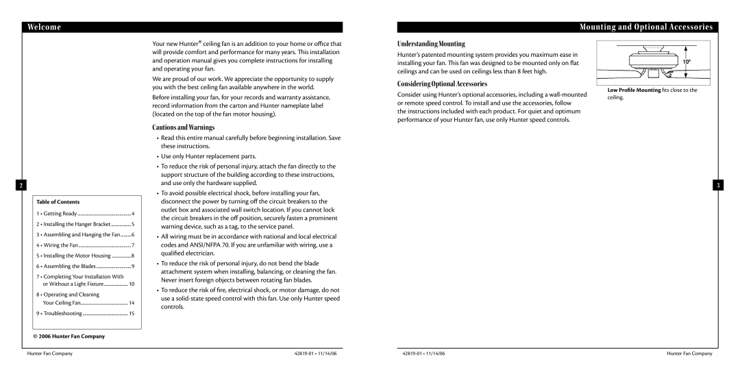 Hunter Fan 42819-01 Welcome Mounting and Optional Accessories, Understanding Mounting, Considering Optional Accessories 