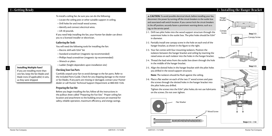 Hunter Fan 42819-01 warranty Getting Ready Installing the Hanger Bracket, Gathering the Tools, Checking Your Fan Parts 