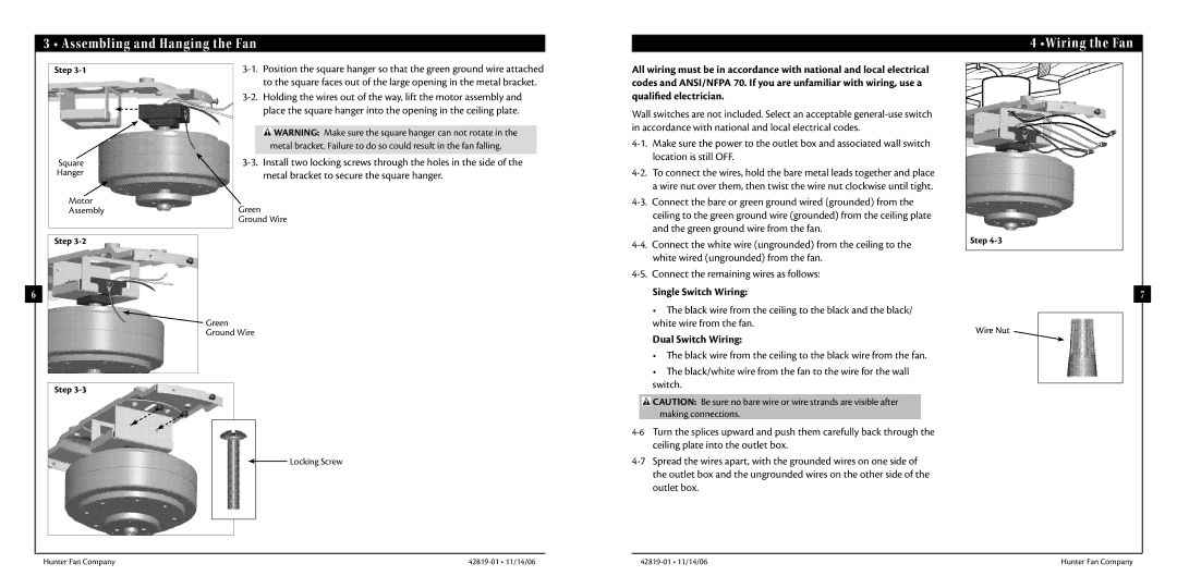 Hunter Fan 42819-01 warranty Assembling and Hanging the Fan Wiring the Fan, Single Switch Wiring, Dual Switch Wiring 