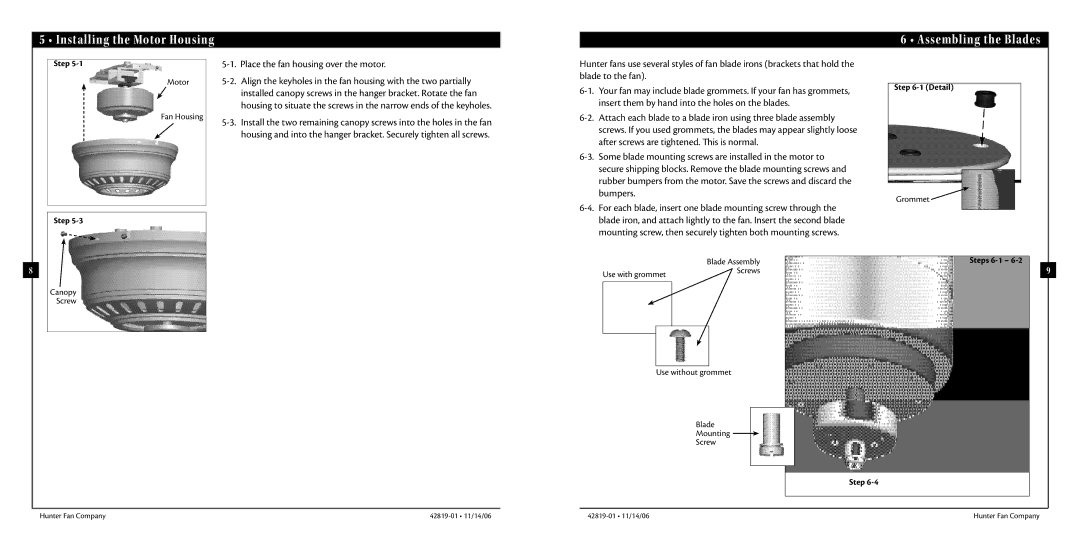 Hunter Fan 42819-01 Installing the Motor Housing Assembling the Blades, Place the fan housing over the motor, Detail 