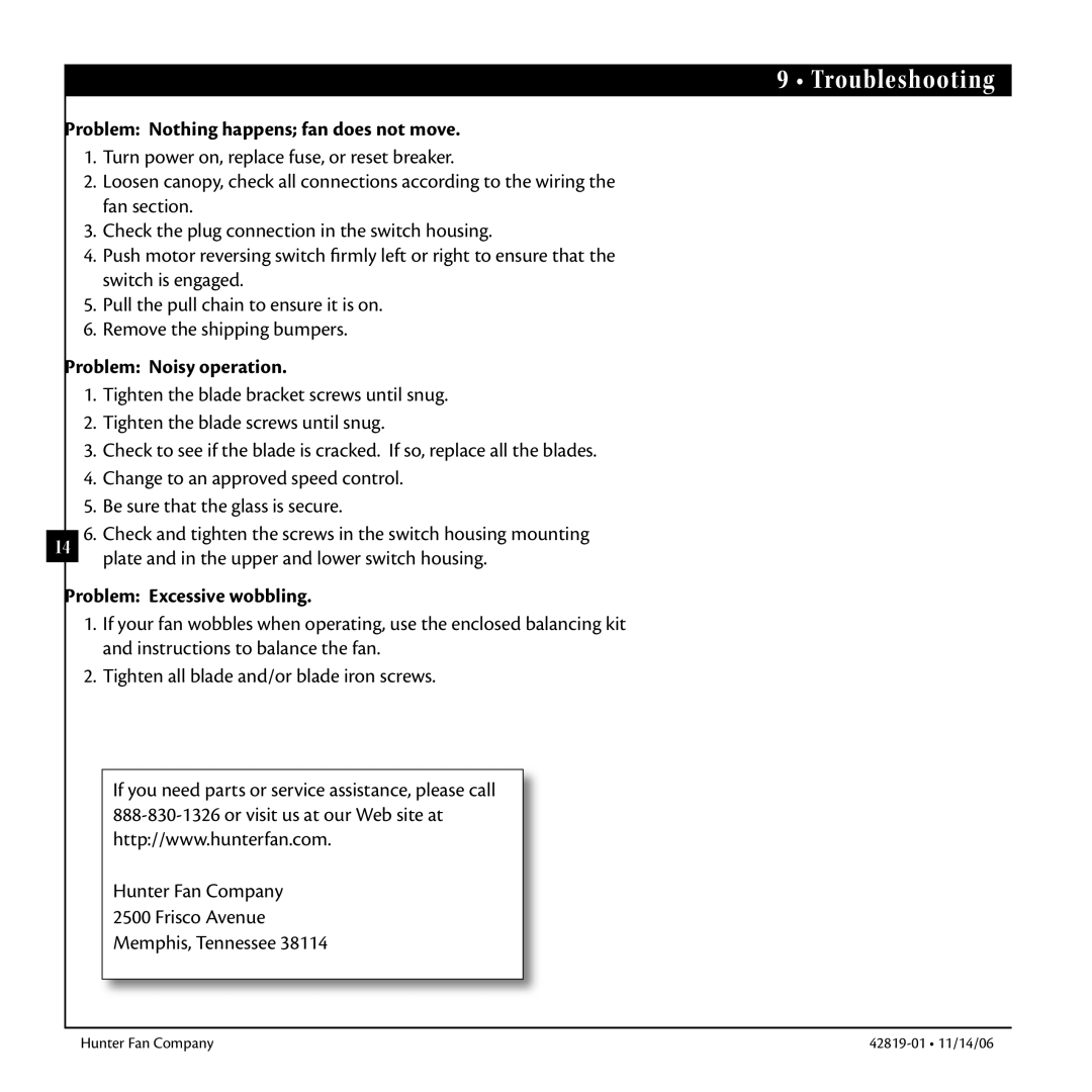 Hunter Fan 42819-01 warranty Step Title Troubleshooting, Problem Nothing happens fan does not move, Problem Noisy operation 