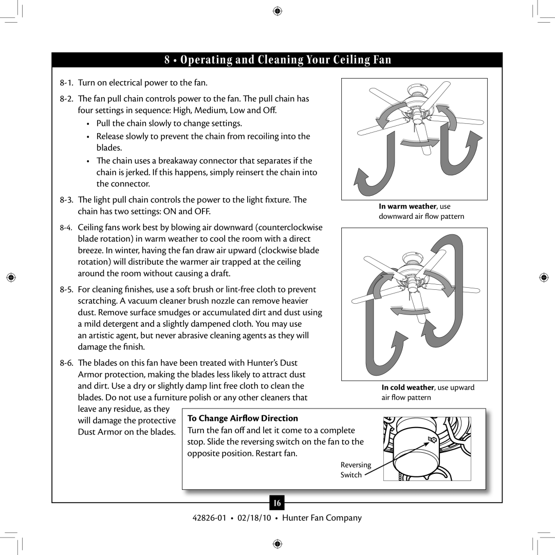 Hunter Fan 42826-01 installation manual Operating and Cleaning Your Ceiling Fan 