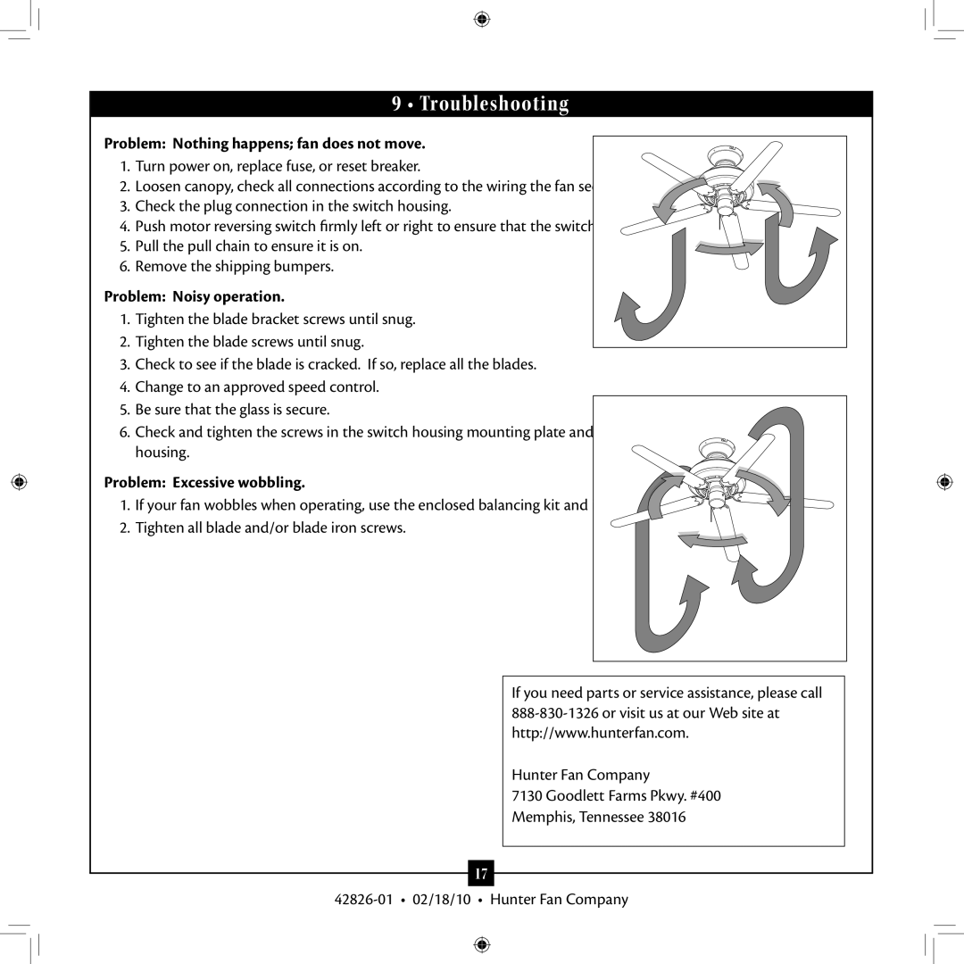 Hunter Fan 42826-01 installation manual Troubleshooting, Problem Nothing happens fan does not move, Problem Noisy operation 