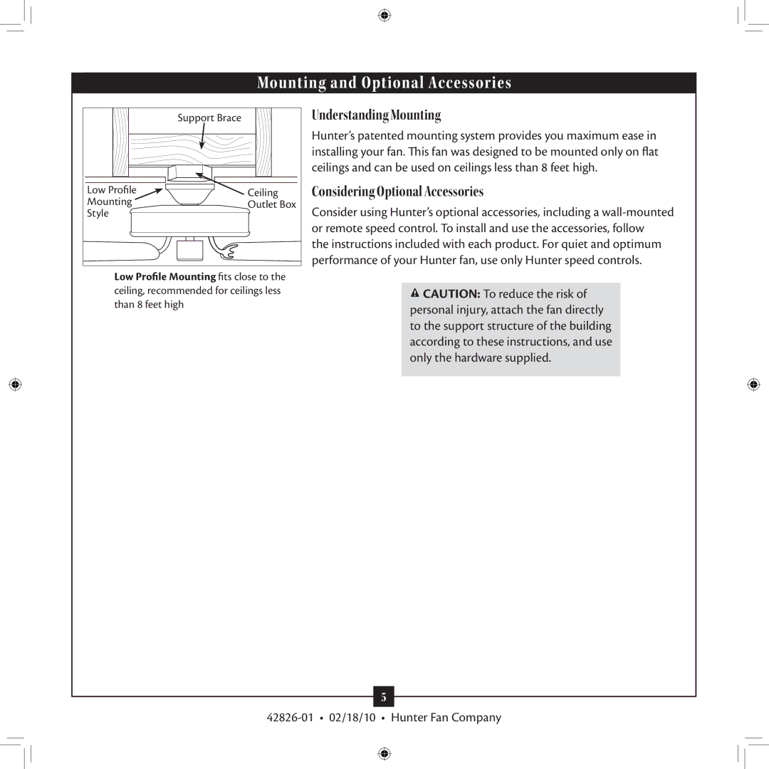 Hunter Fan 42826-01 installation manual Understanding Mounting, Considering Optional Accessories 