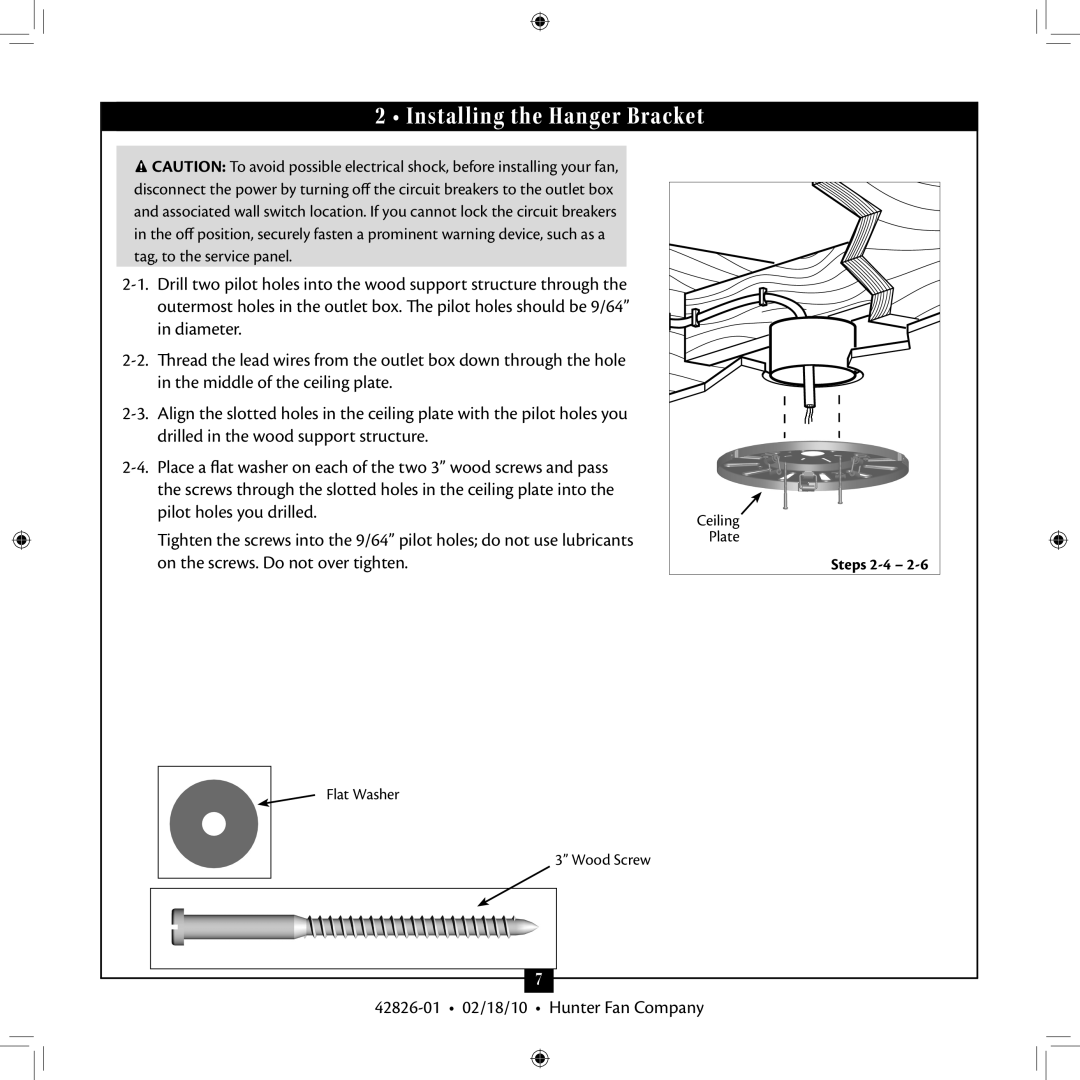 Hunter Fan 42826-01 installation manual Installing the Hanger Bracket 