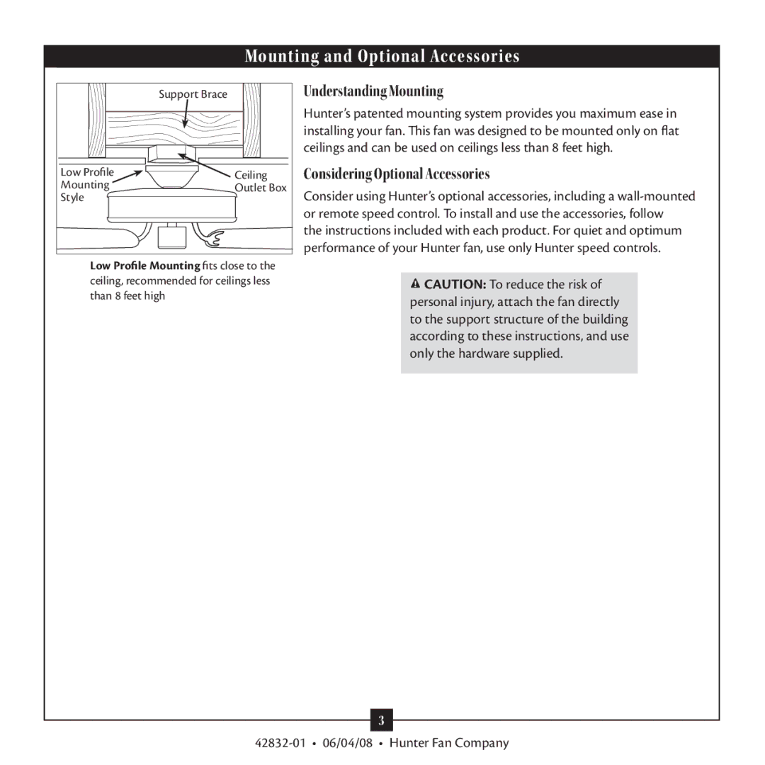 Hunter Fan 23347, 42832-01 warranty Mounting and Optional Accessories 