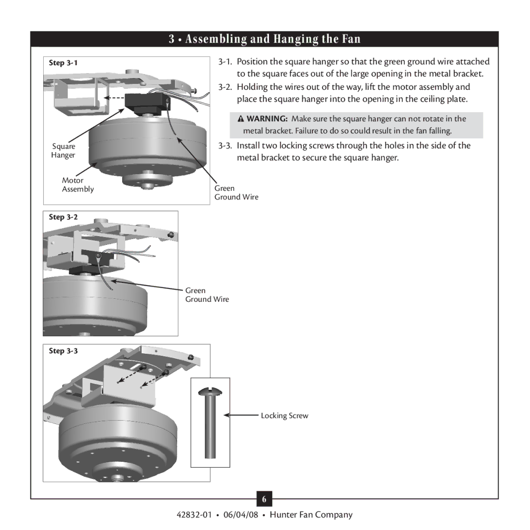 Hunter Fan 42832-01, 23347 warranty Assembling and Hanging the Fan 