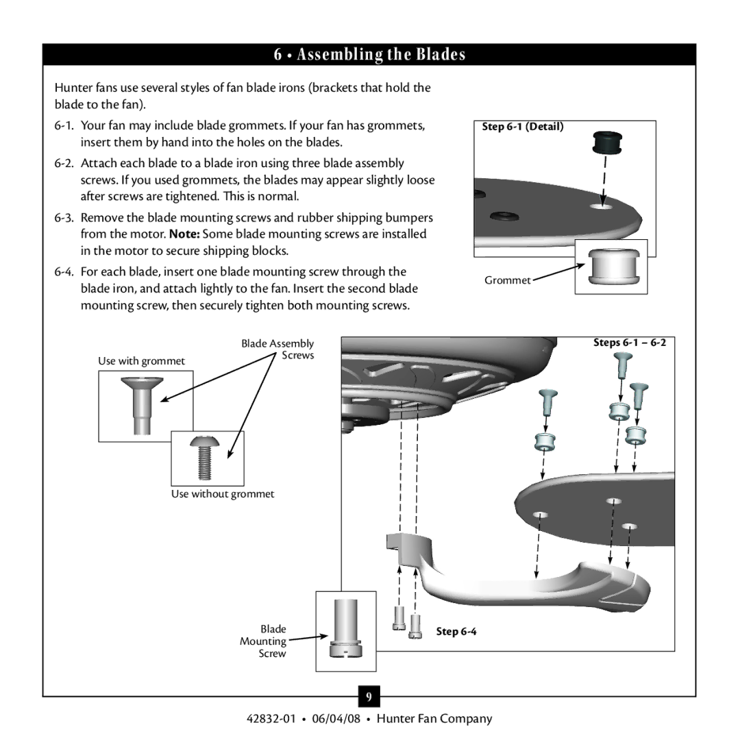 Hunter Fan 23347, 42832-01 warranty Assembling the Blades 