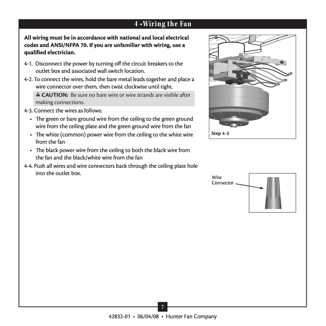 Hunter Fan 23347, 42832-01 warranty Wiring the Fan 