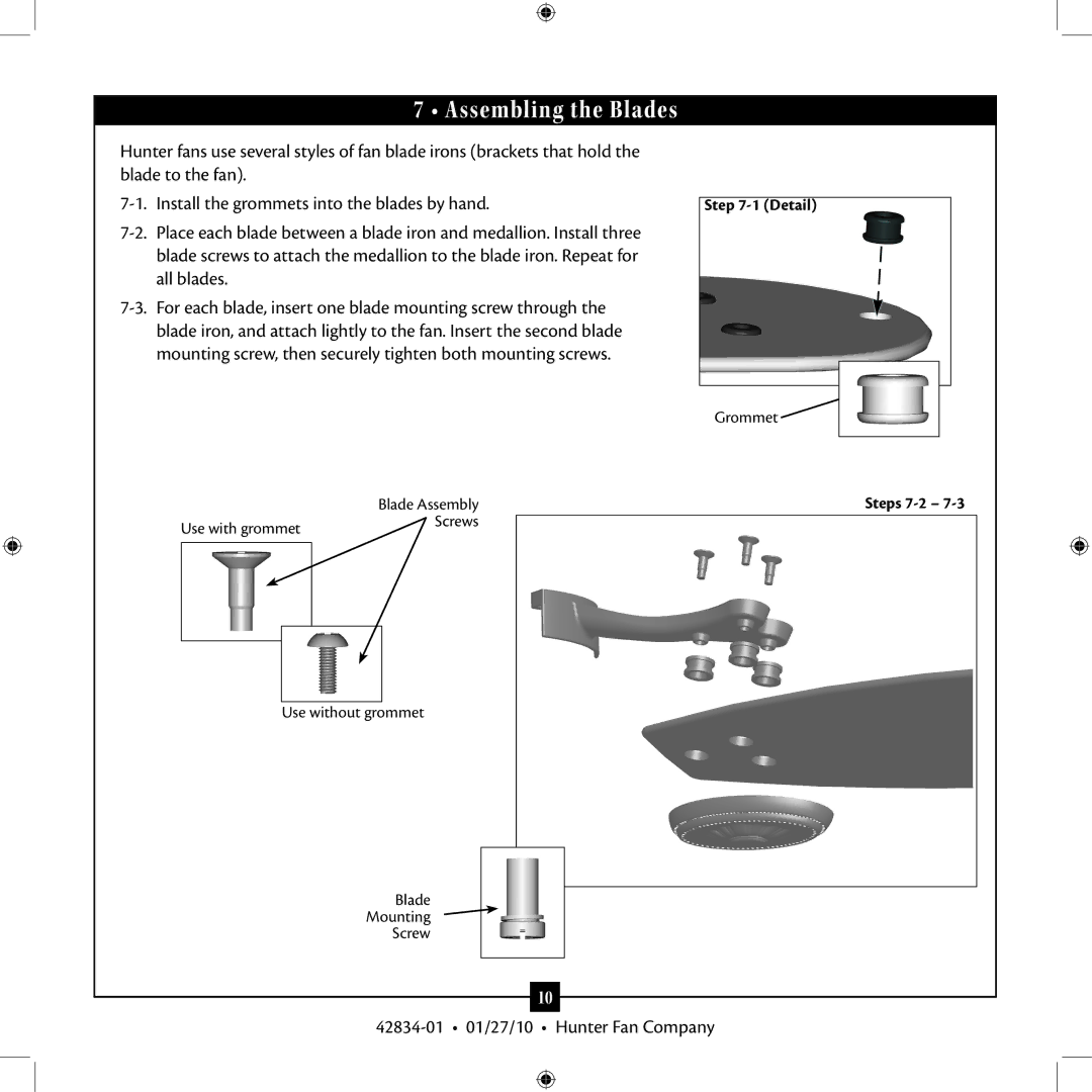 Hunter Fan 42834-01 installation manual Assembling the Blades 