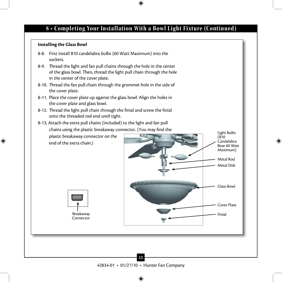 Hunter Fan 42834-01 installation manual Installing the Glass Bowl 