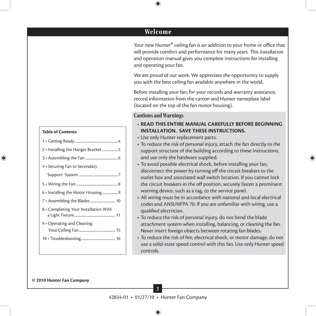 Hunter Fan 42834-01 installation manual Welcome 