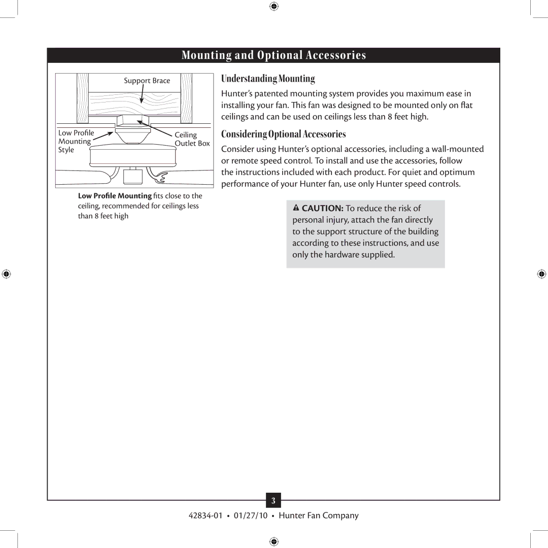 Hunter Fan 42834-01 installation manual Mounting and Optional Accessories 