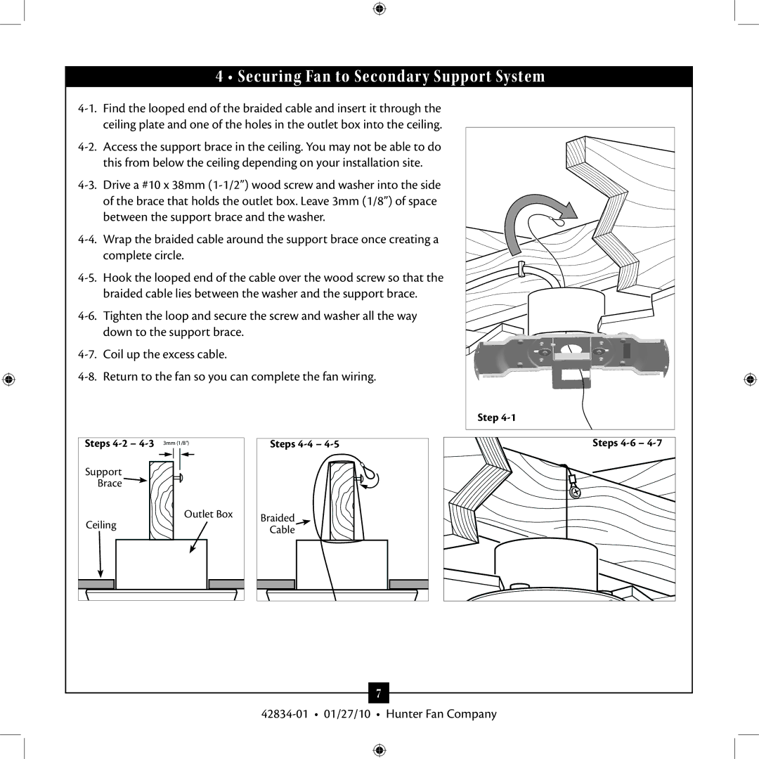 Hunter Fan 42834-01 installation manual Securing Fan to Secondary Support System 