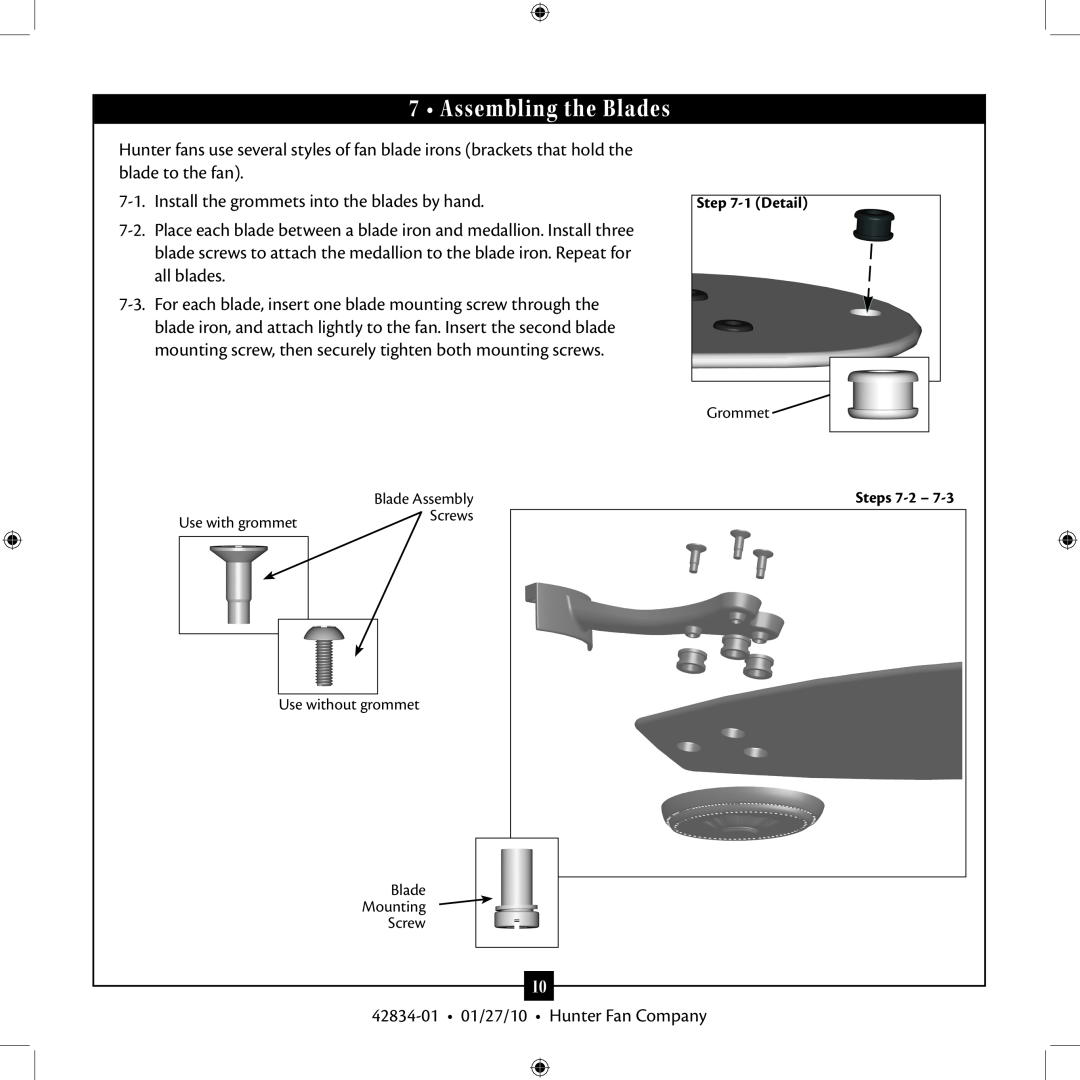 Hunter Fan 42834-01 installation manual Assembling the Blades, 1 Detail, Steps 