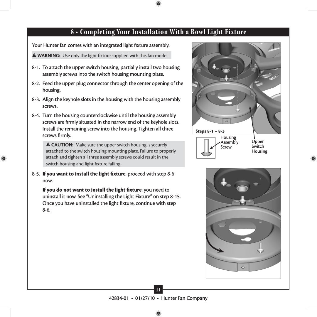 Hunter Fan 42834-01 installation manual Completing Your Installation With a Bowl Light Fixture 