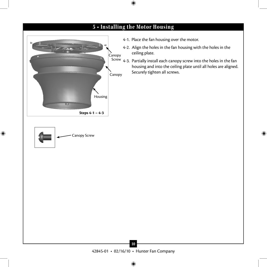 Hunter Fan 42845-01 installation manual Installing the Motor Housing 