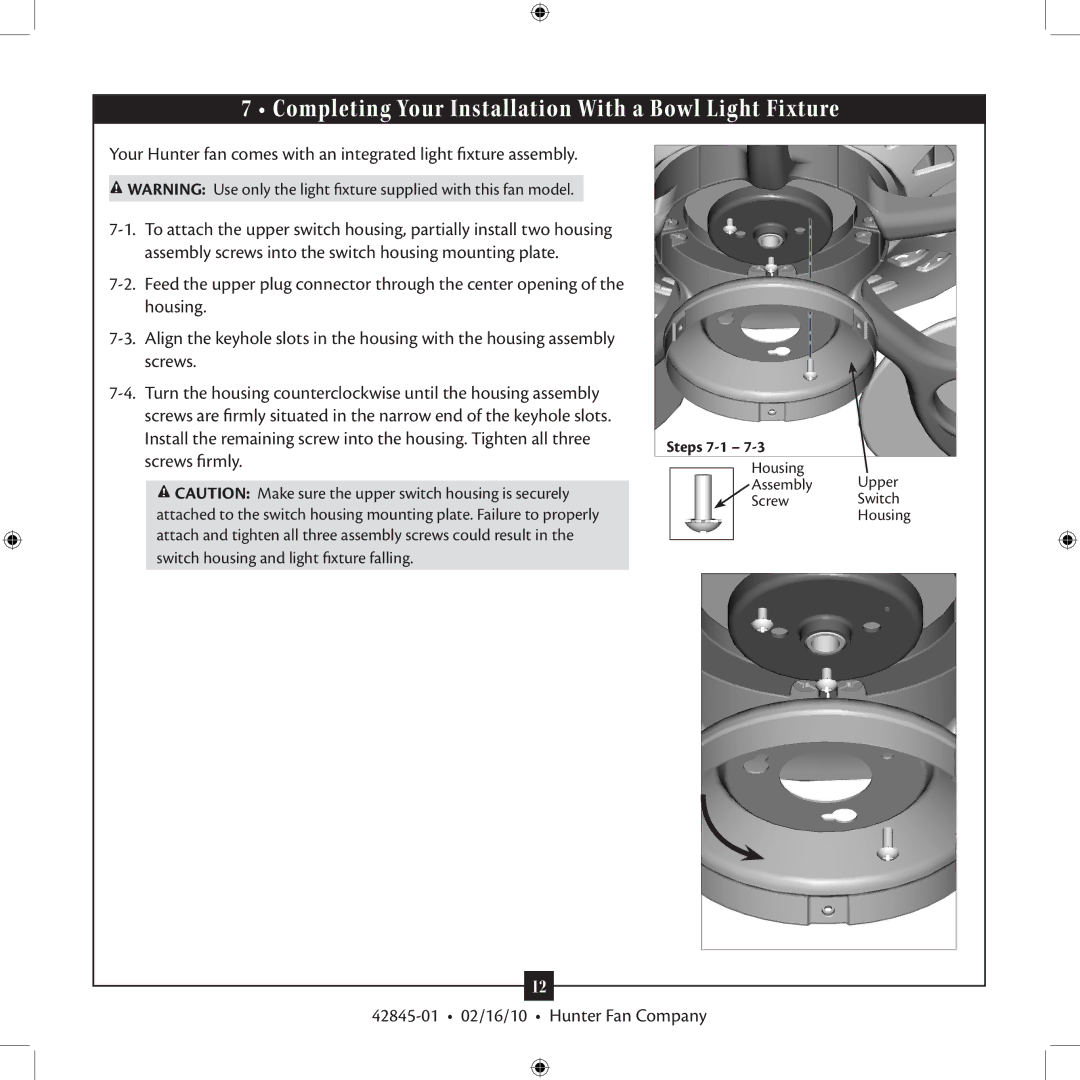 Hunter Fan 42845-01 installation manual Completing Your Installation With a Bowl Light Fixture 