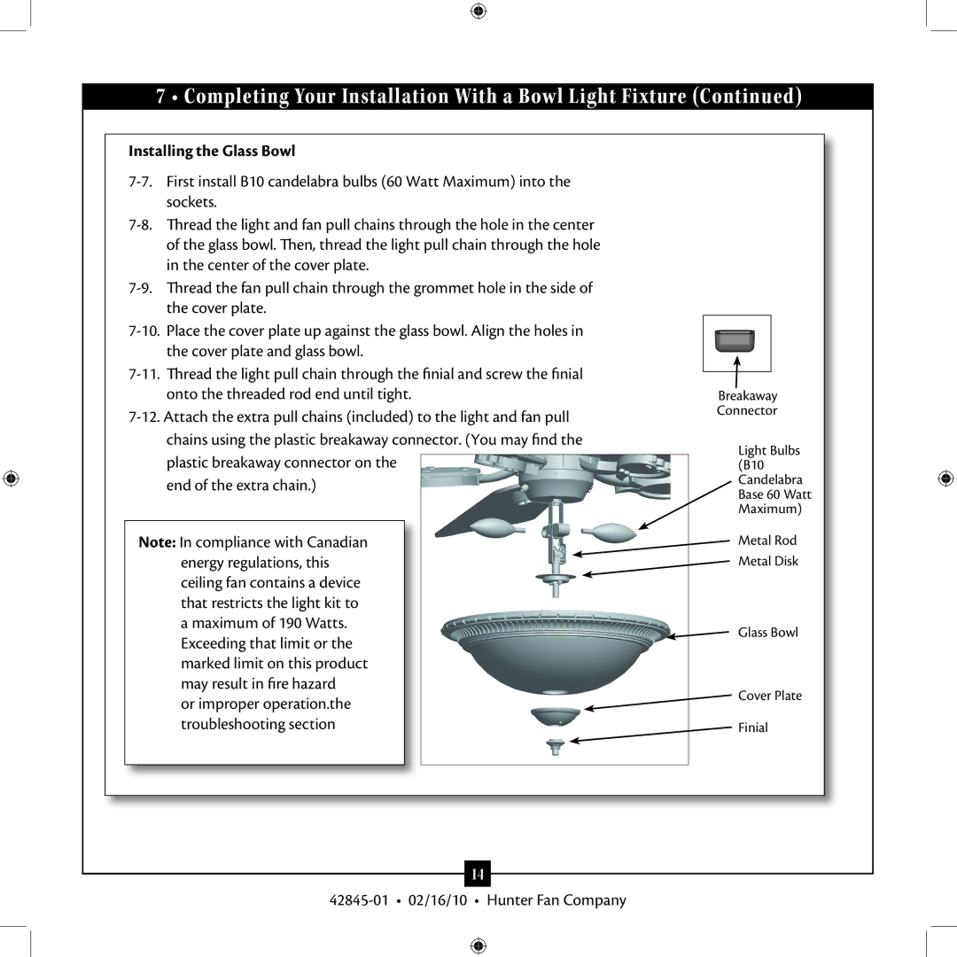 Hunter Fan 42845-01 installation manual Installing the Glass Bowl 