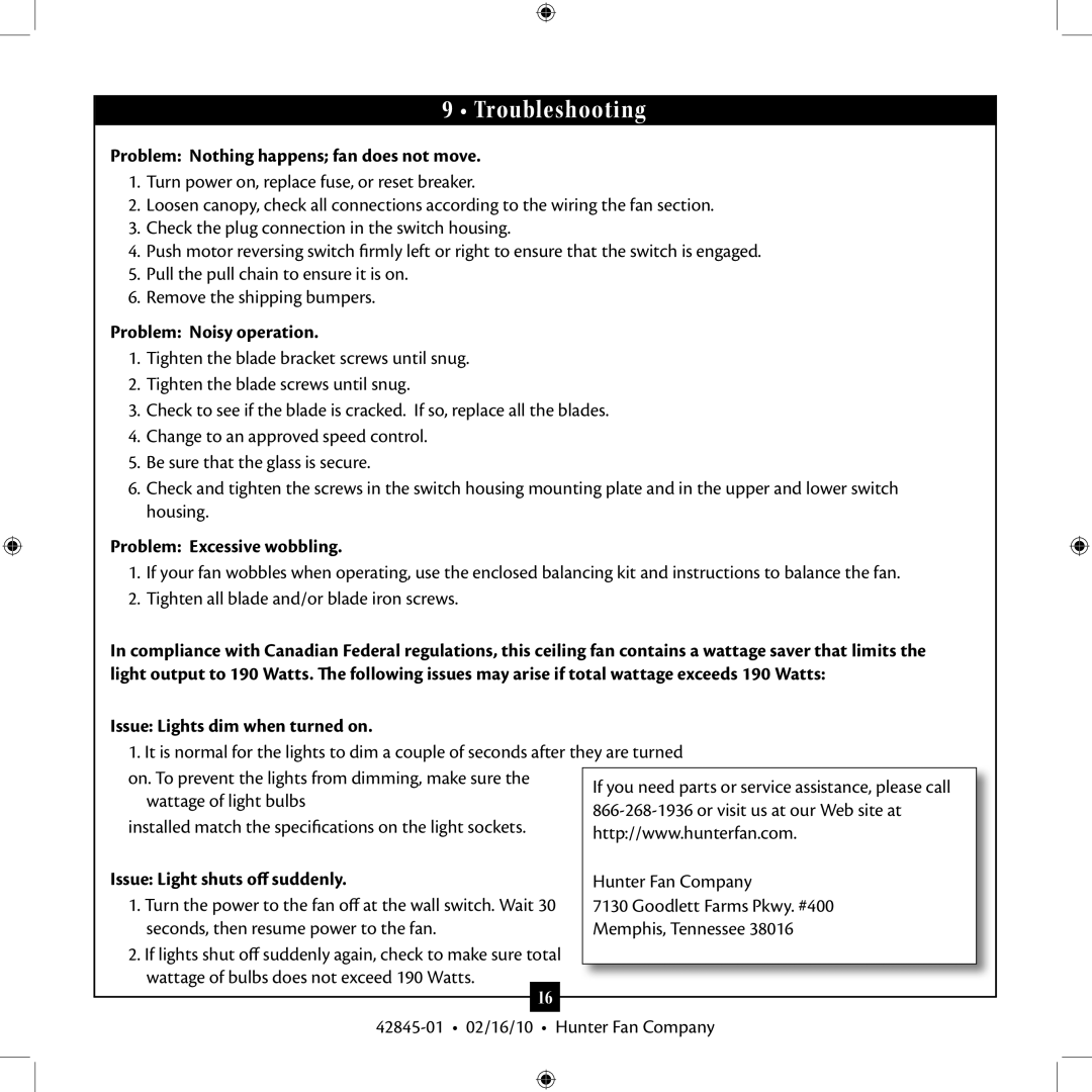 Hunter Fan 42845-01 installation manual Troubleshooting 