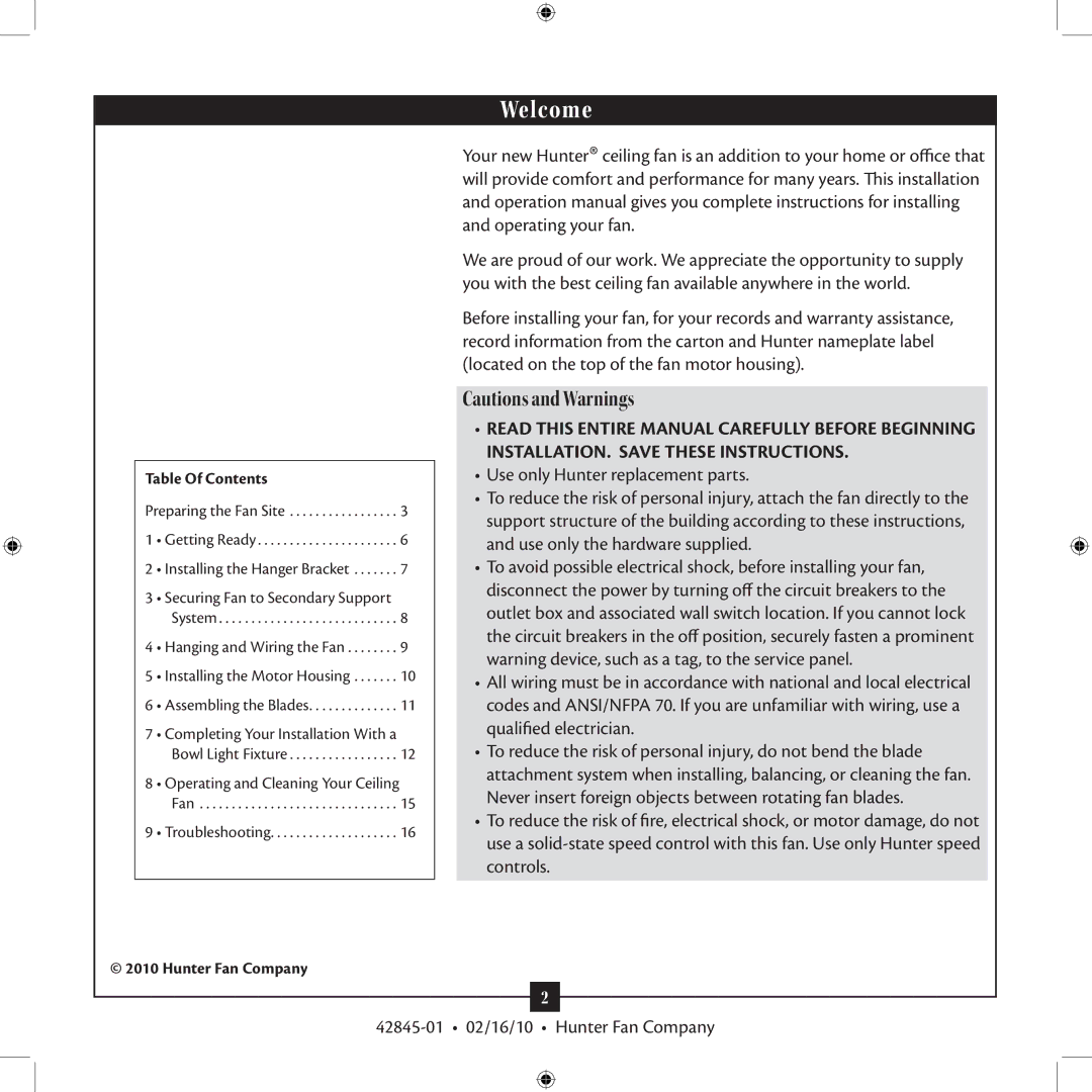 Hunter Fan 42845-01 installation manual Welcome 