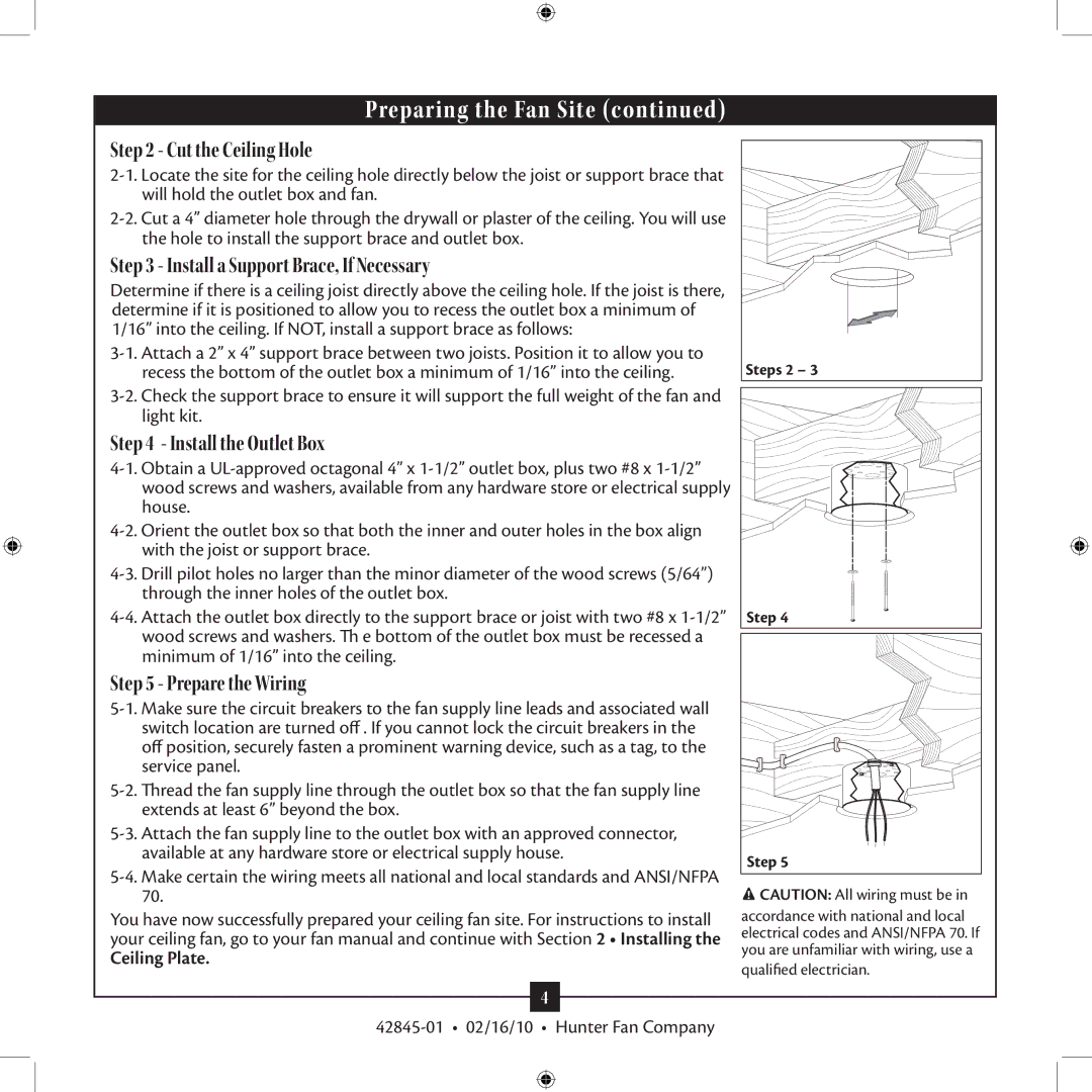 Hunter Fan 42845-01 Cut the Ceiling Hole, Install a Support Brace, If Necessary, Install the Outlet Box, Ceiling Plate 