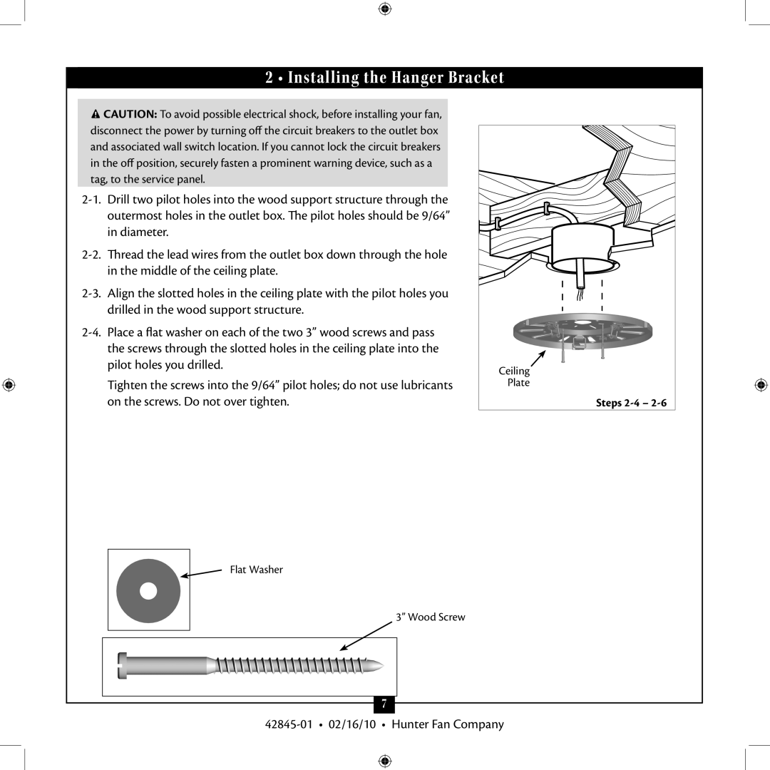 Hunter Fan 42845-01 installation manual Installing the Hanger Bracket 