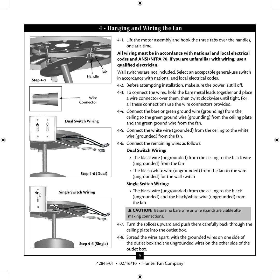 Hunter Fan 42845-01 installation manual Hanging and Wiring the Fan, Dual Switch Wiring, Single Switch Wiring 