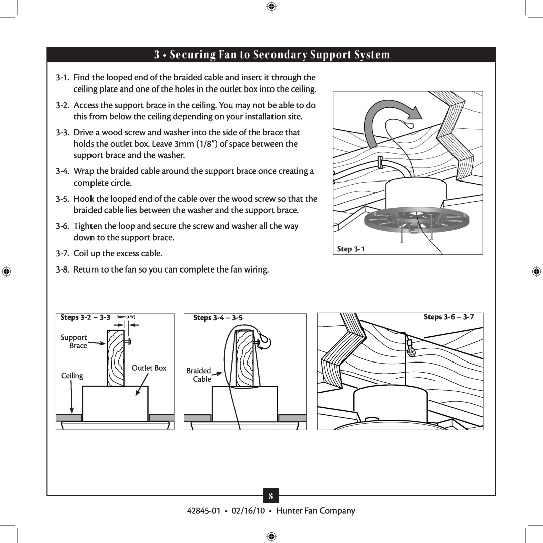 Hunter Fan 42845-01 installation manual Securing Fan to Secondary Support System 