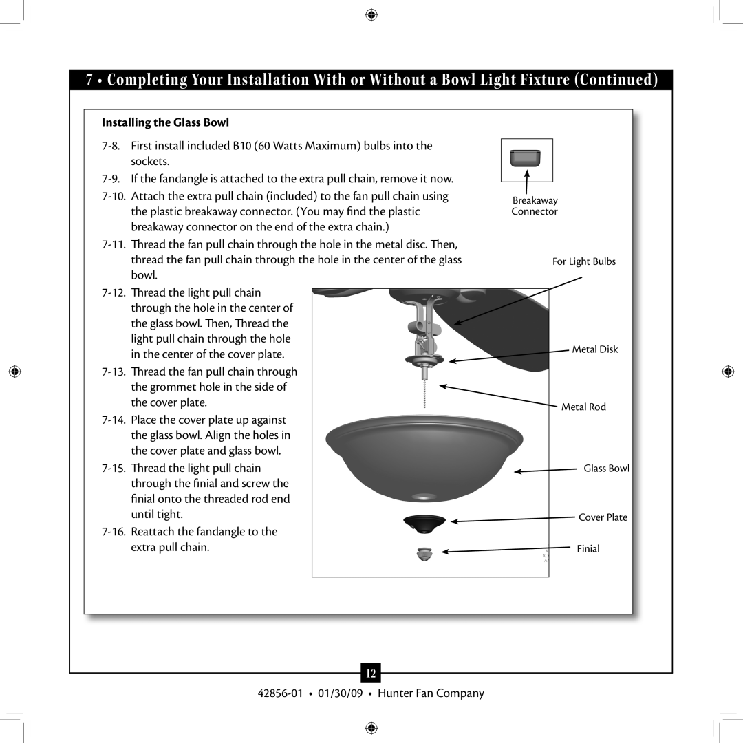 Hunter Fan 42856-01 installation manual Installing the Glass Bowl 