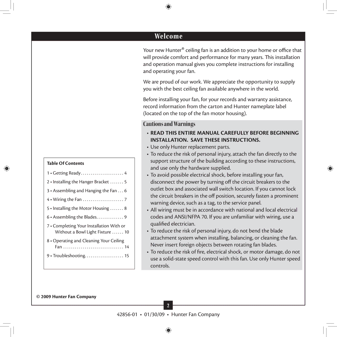 Hunter Fan 42856-01 installation manual Welcome 