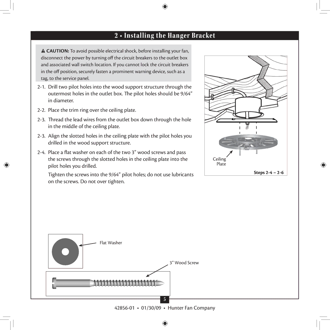 Hunter Fan 42856-01 installation manual Installing the Hanger Bracket 