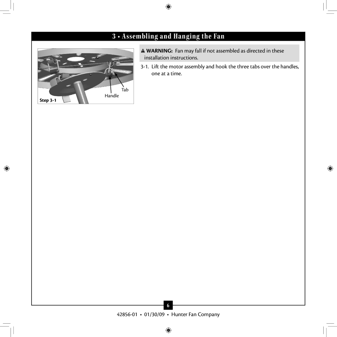 Hunter Fan 42856-01 installation manual Assembling and Hanging the Fan 