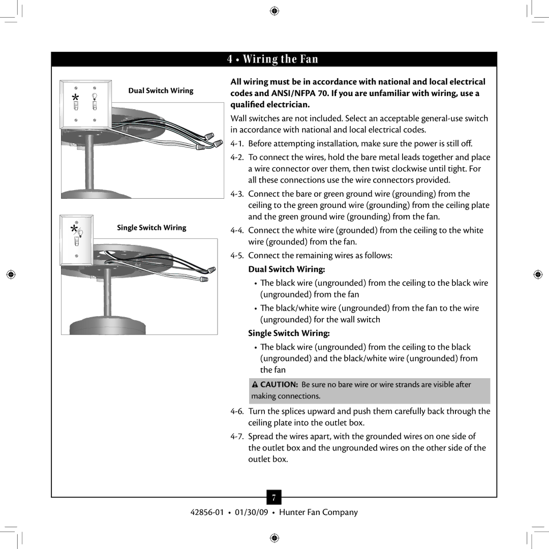 Hunter Fan 42856-01 installation manual Wiring the Fan, Dual Switch Wiring, Single Switch Wiring 