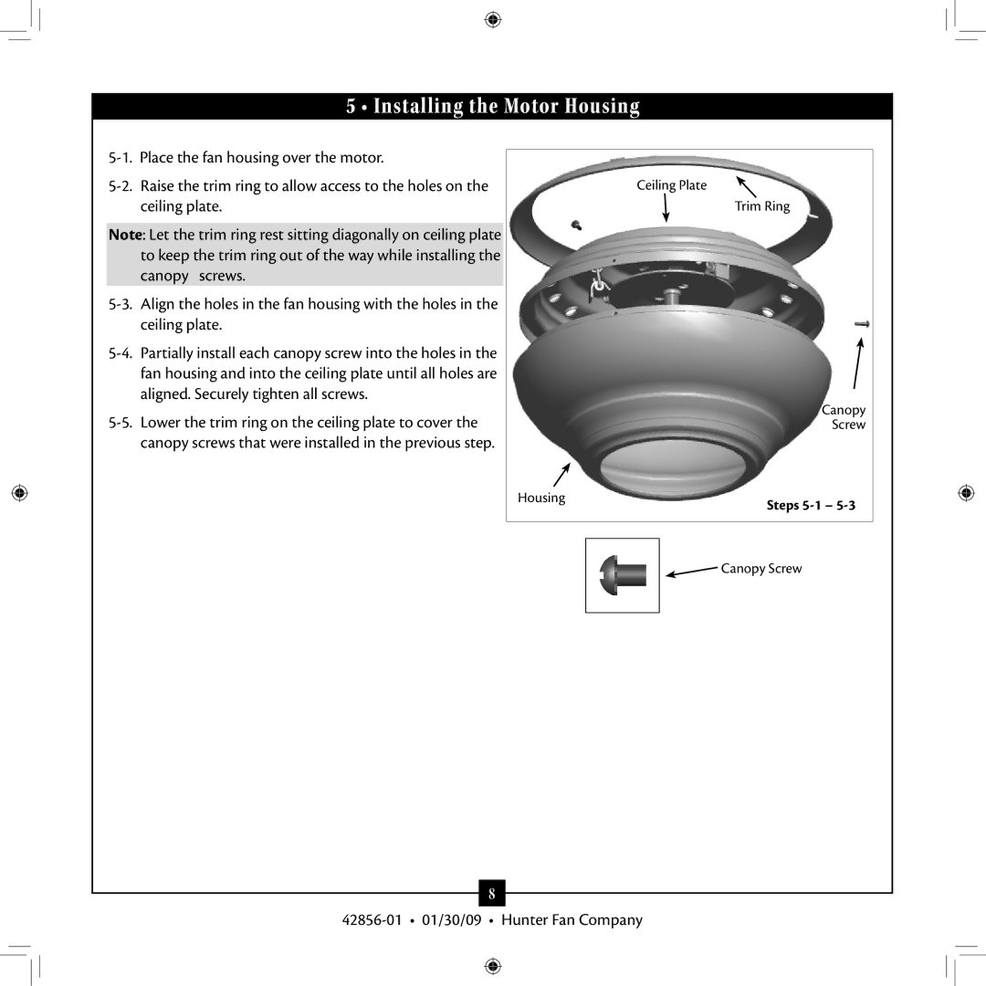 Hunter Fan 42856-01 installation manual Installing the Motor Housing 