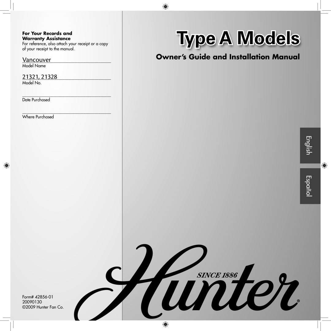 Hunter Fan 42856-01 installation manual Type A Models, Vancouver, 21321,21328, Owner’s Guide and Installation Manual 