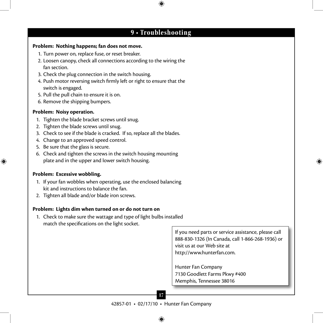 Hunter Fan 42857-01 installation manual Troubleshooting, Problem Nothing happens fan does not move, Problem Noisy operation 