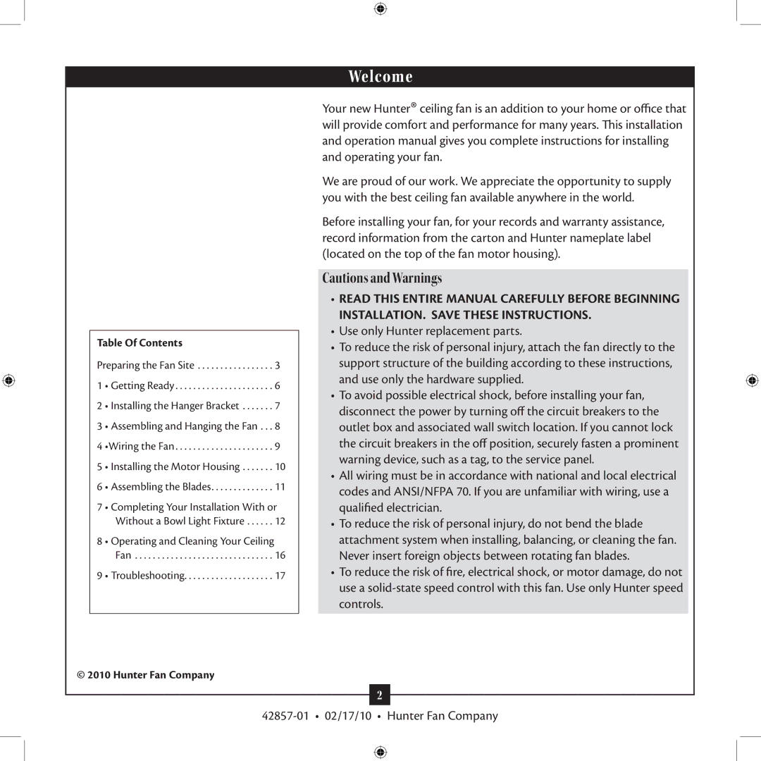 Hunter Fan 42857-01 installation manual Welcome 