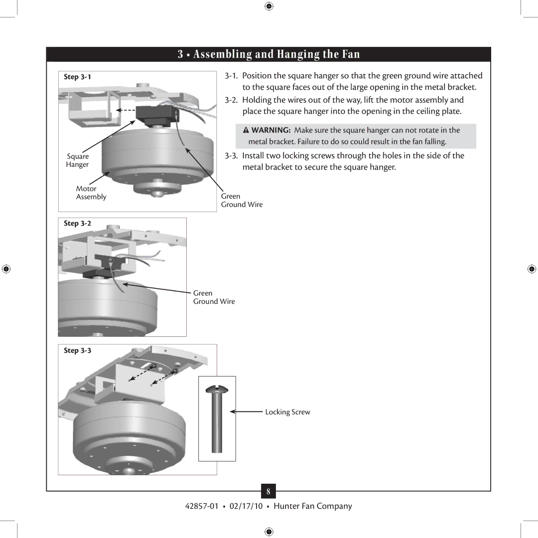 Hunter Fan 42857-01 installation manual Assembling and Hanging the Fan 